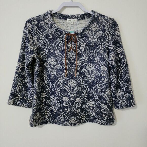 Orvis Tops - Orvis Womens 3/4 Sleeve Pullover Grey Blue Stretch Lace-Up Sweatshirt Size XS